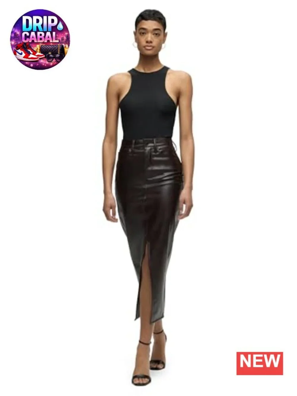 High Rise Midi Vegan Leather Reconstructed Skirt with Front Slit